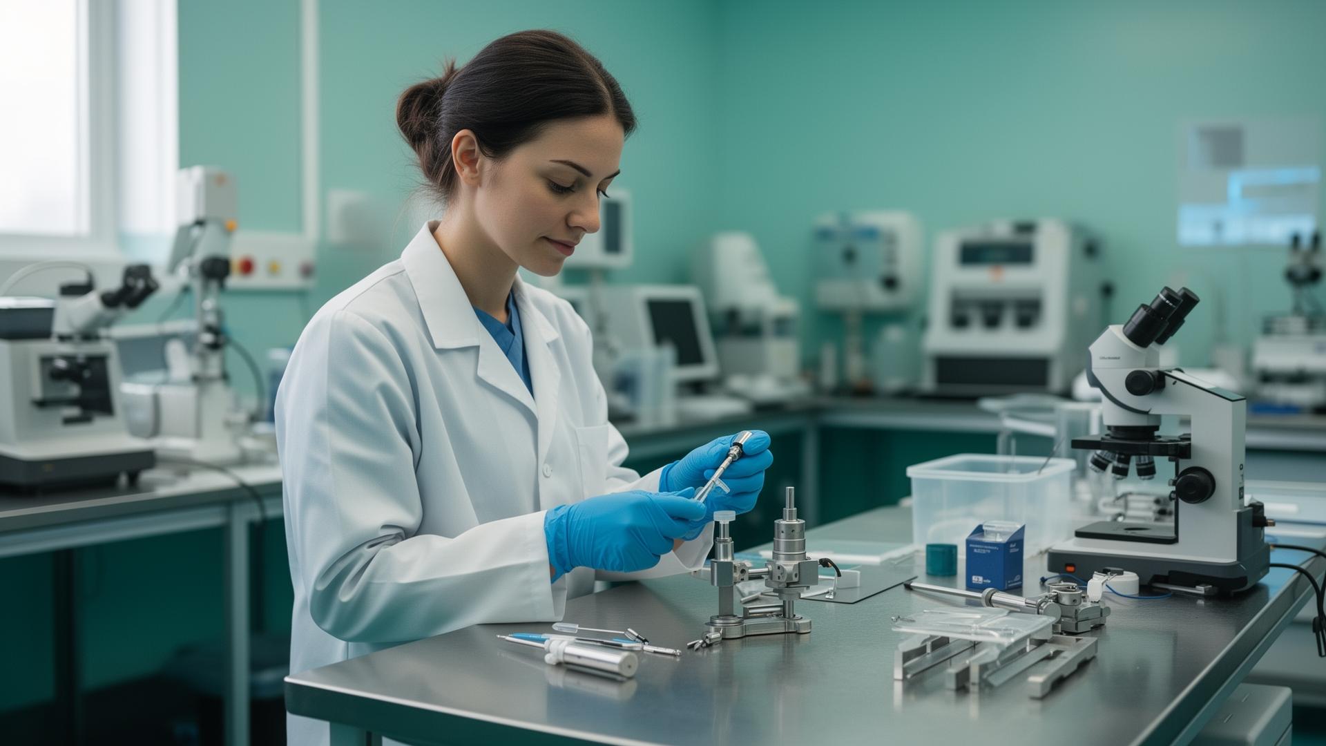 Operator in gloves assembling a precision medical device at a stainless steel workbench
