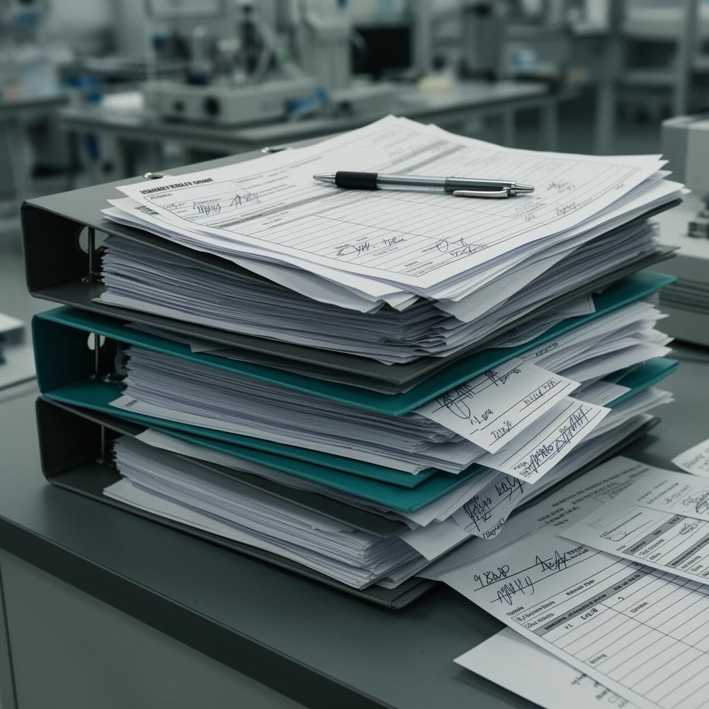 Stacked binders and printed work order travelers piling up on a manufacturing workbench